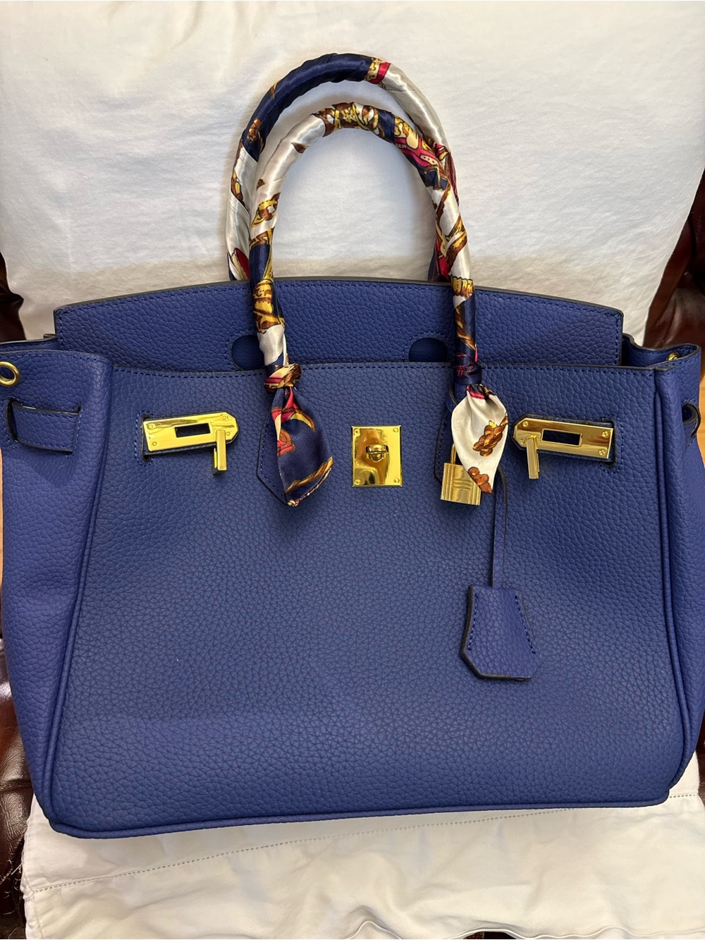 Blue Structured Leather Satchel with Gold Hardware